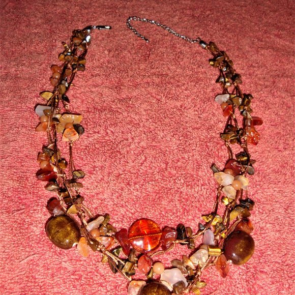 Tiger's Eye Stone Lava Rock Stone Pebble Glass Necklace - Picture 7 of 7